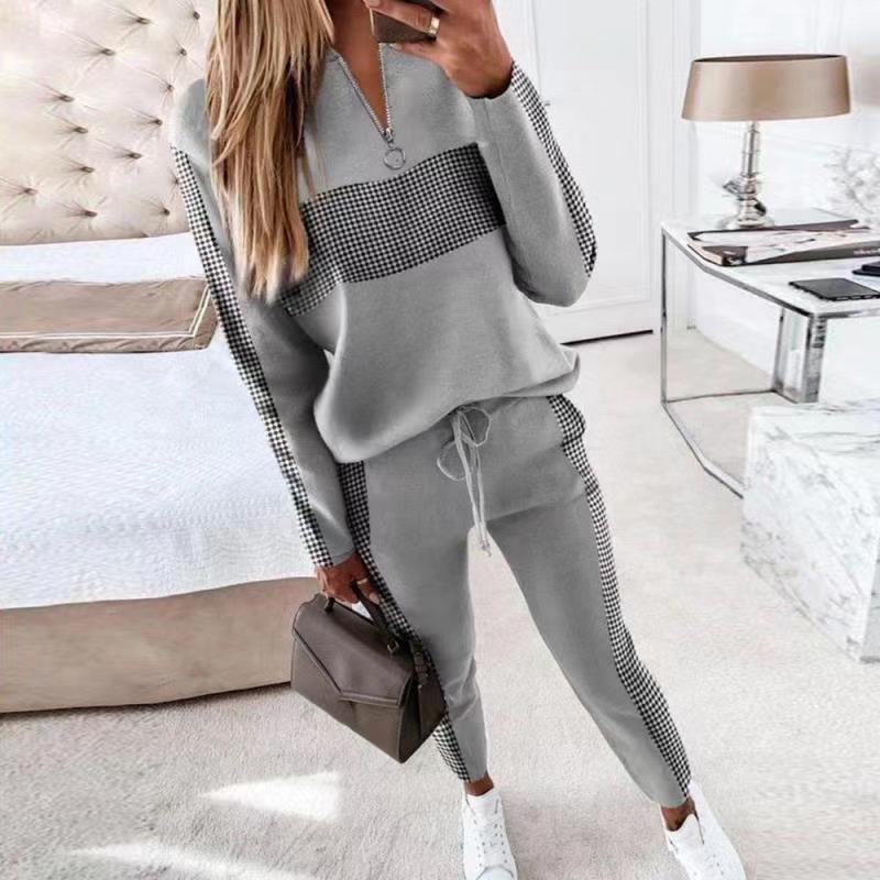 Women's 2-Piece Patchwork Tracksuit: Hooded Long Sleeve and Zipper Pocket Joggers