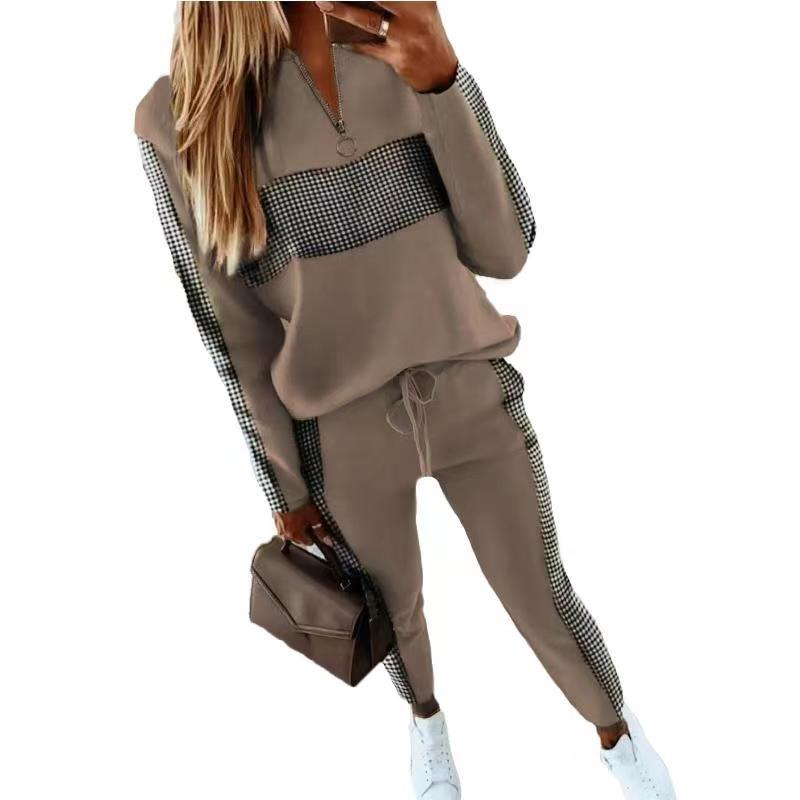 Women's 2-Piece Patchwork Tracksuit: Hooded Long Sleeve and Zipper Pocket Joggers