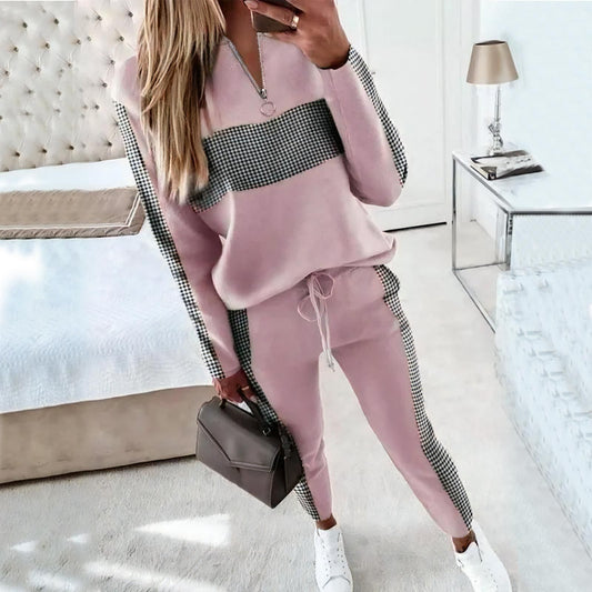 Women's 2-Piece Patchwork Tracksuit: Hooded Long Sleeve and Zipper Pocket Joggers