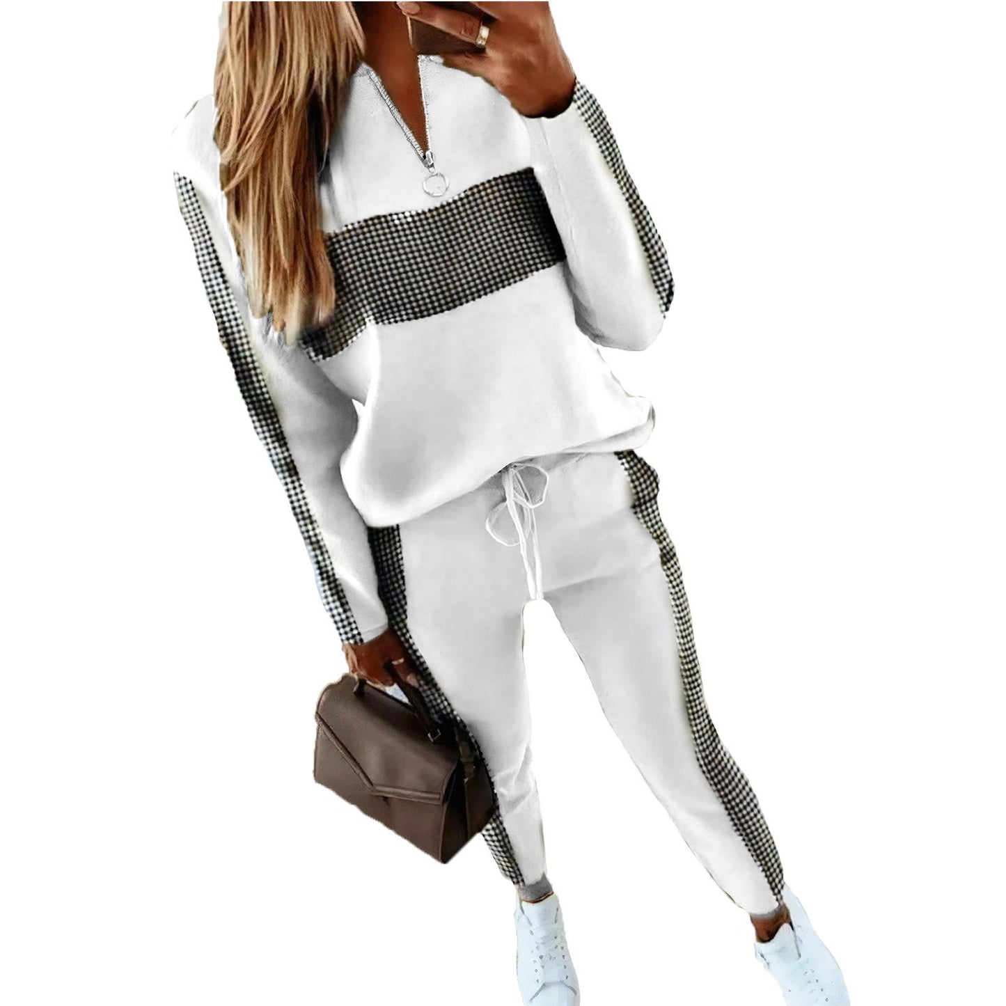 Women's 2-Piece Patchwork Tracksuit: Hooded Long Sleeve and Zipper Pocket Joggers